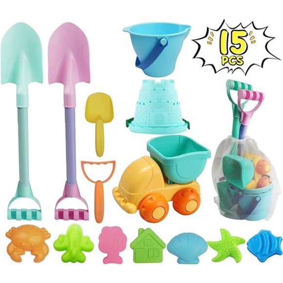 Long Shovels Sand Toys Set with Mesh Bag Including Dump Truck, Beach Buckets